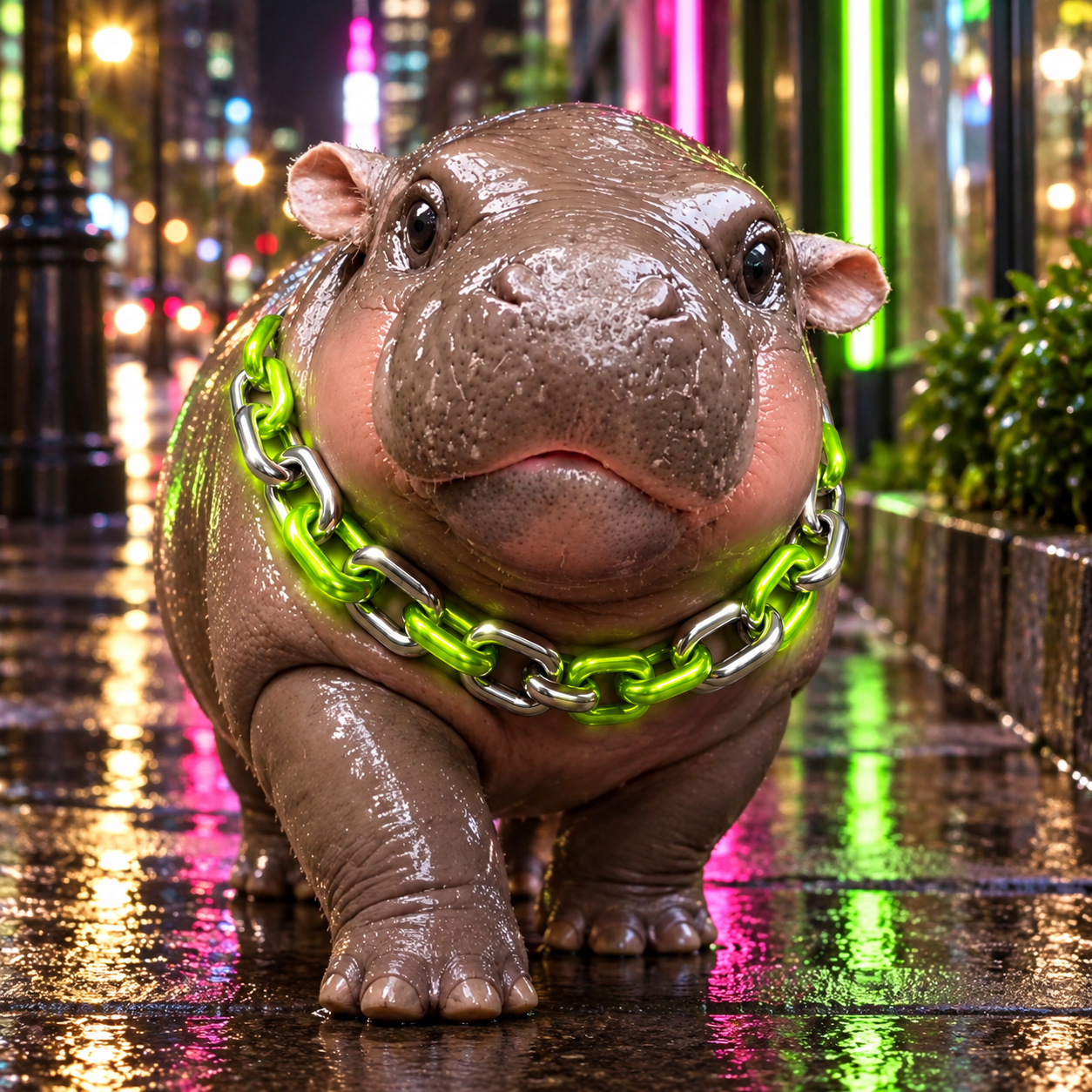 Moo Deng in a neon-lit city