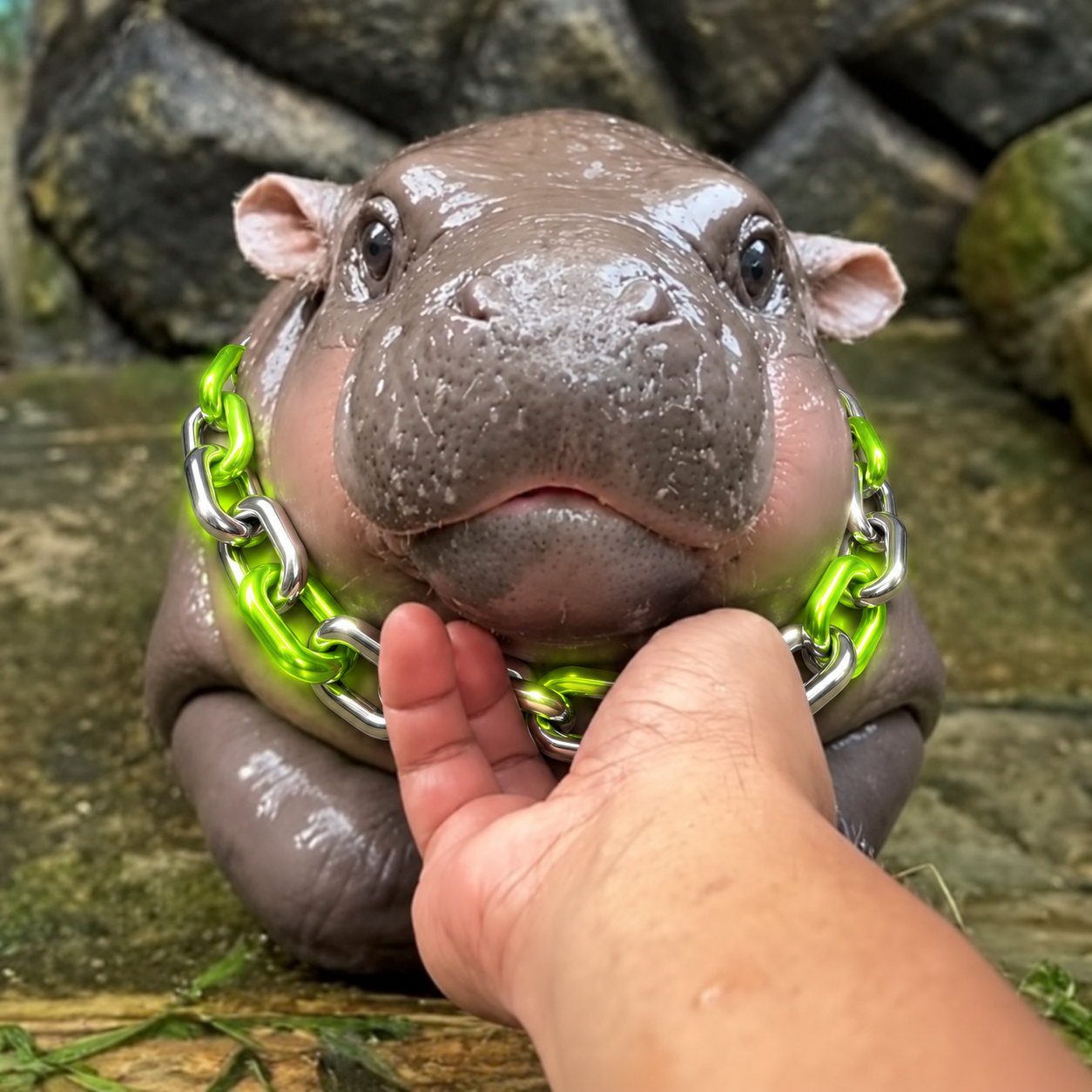 Moo Deng wearing a silver and lime-green chain