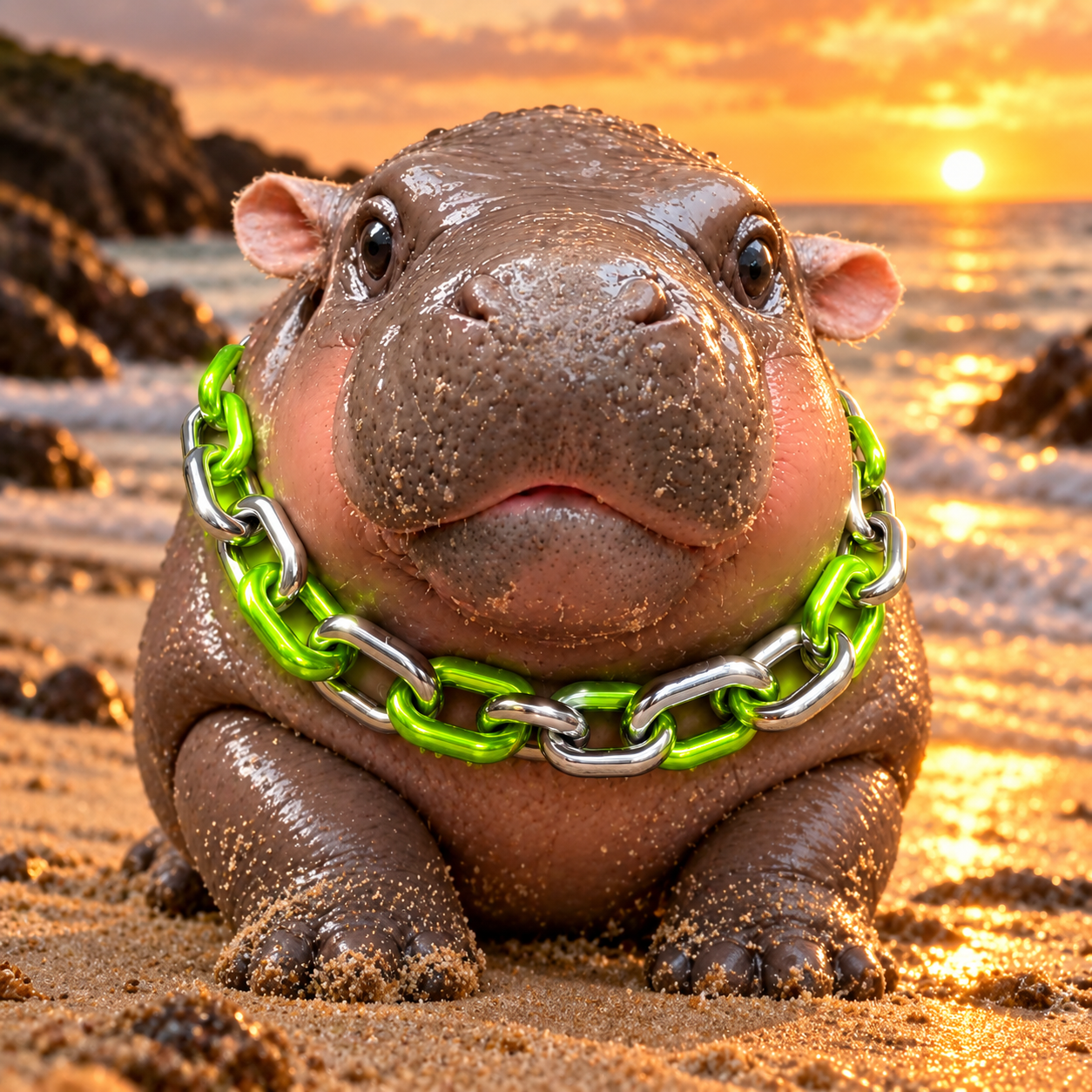 Moo Deng on the beach at sunset