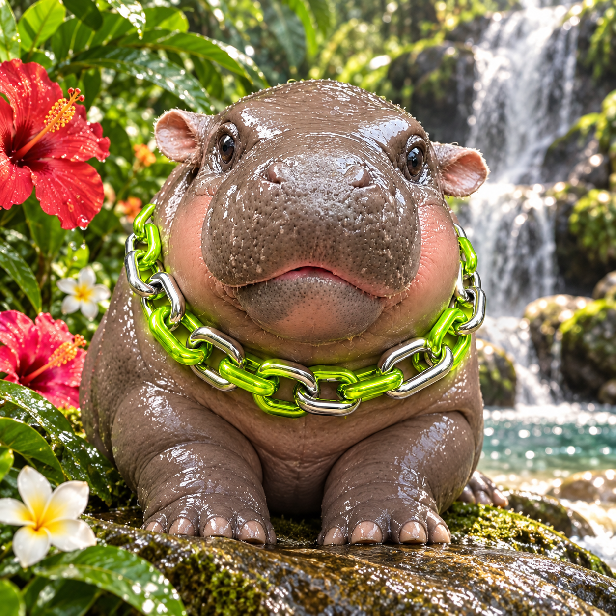 Moo Deng beside a tropical waterfall